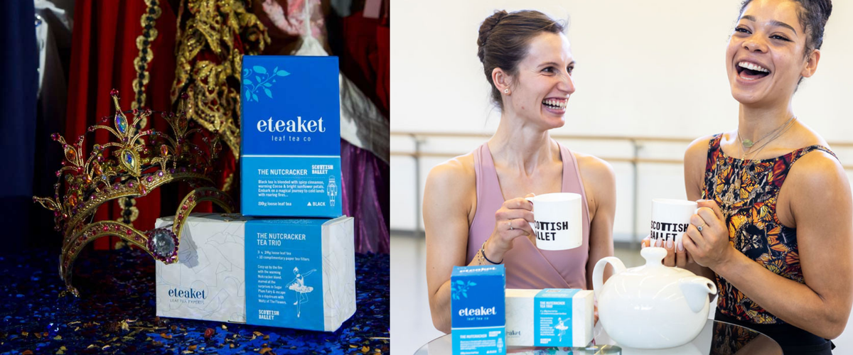 A split screen image depicting eteaket's collaboration with Scottish Ballet. The Nutcracker Tea sits alongside the bespoke gift box and theatre props. Whilst two Scottish Ballet performers delight in a cuppa together. 