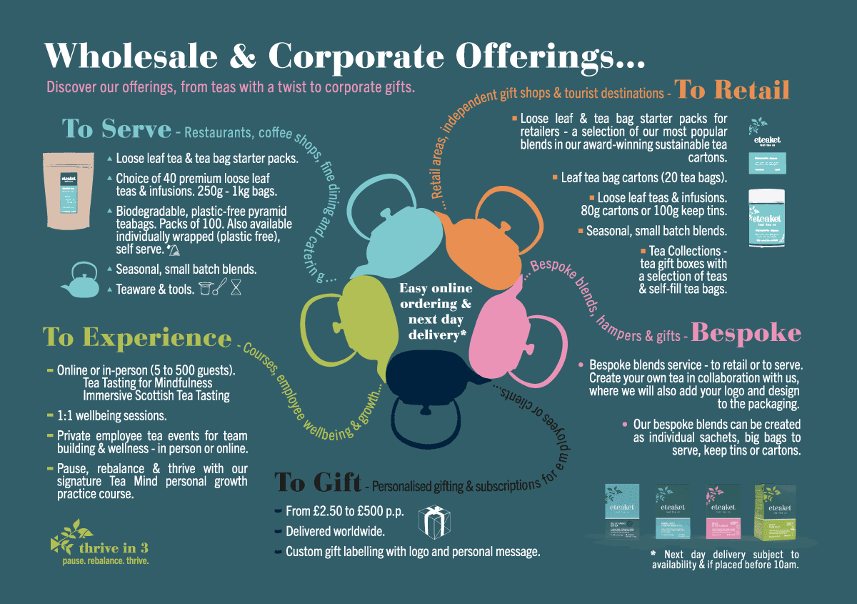 eteaket's 'Wholesale & Corporate Offerings' featuring various tea and gift bag options, illustrated with colourful icons and text on a dark teal background. 