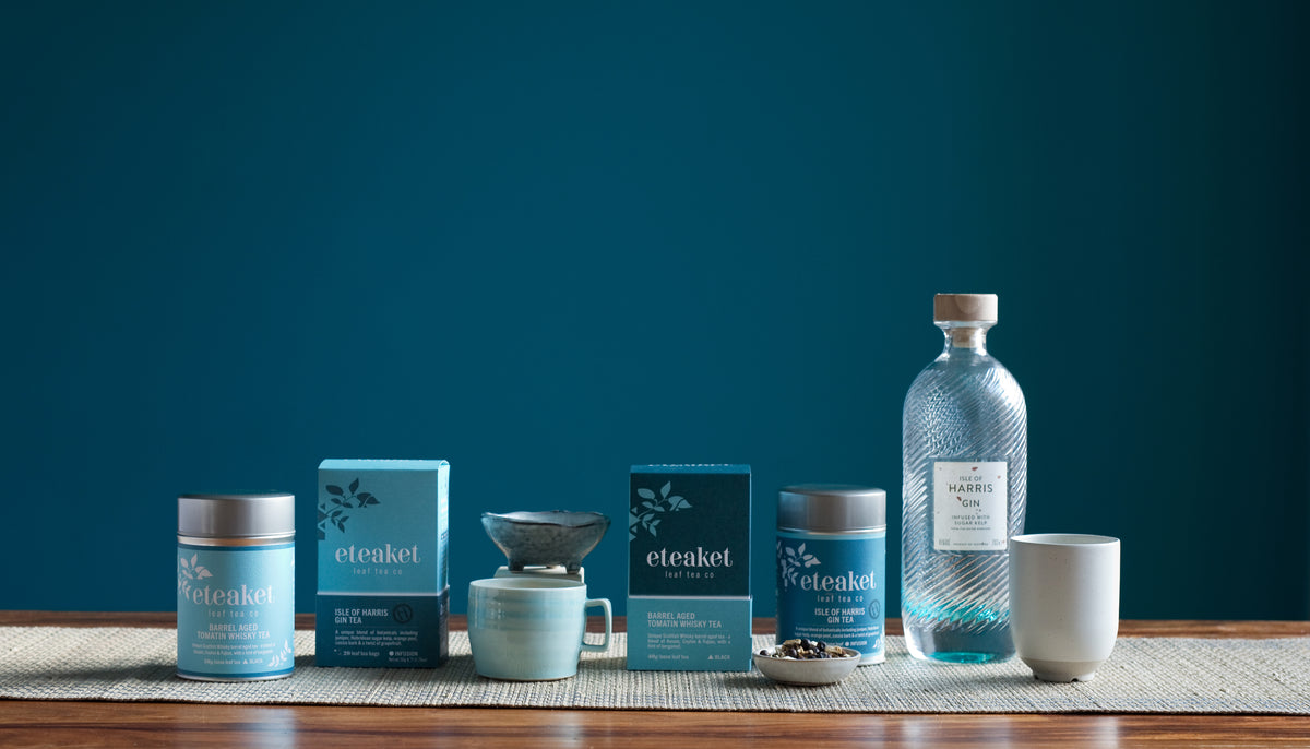 a line up of eteaket's unique Scottish Inspired Tea including Isle of Harris Gin Tea and Barrel-Aged Tomatin Whisky Tea